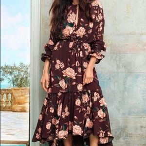 Johanna Ortiz X H & M Creped Ruffle Floral Dress Brown Peach Flower Size M